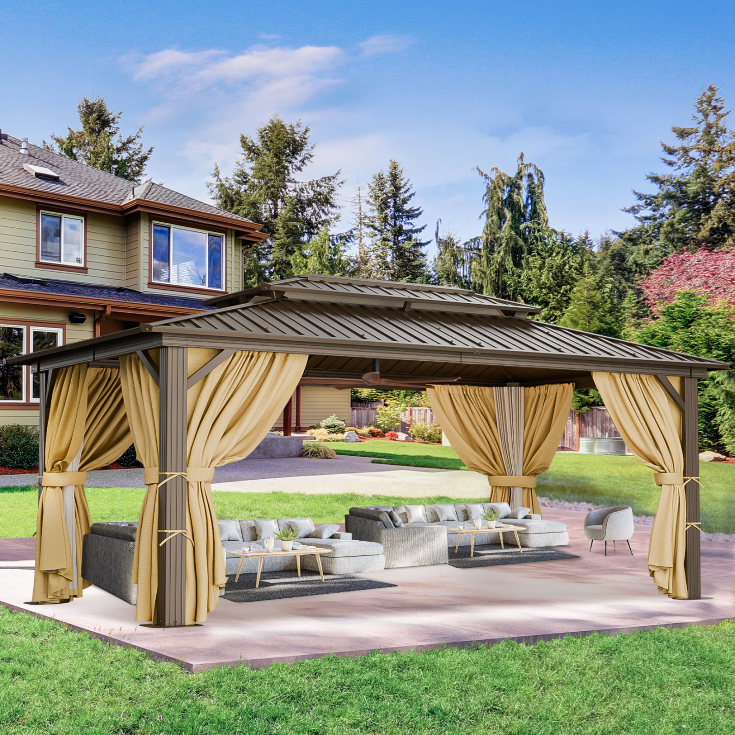 SANOPY 10x15 Hardtop Gazebo Aluminum Gazebos with Galvanized Steel Double Roof Metal Gazebo with Curtains and Netting Permanent Hardtop Gazebos Steel Gazebo for Backyard, Garden and Patio, Brown