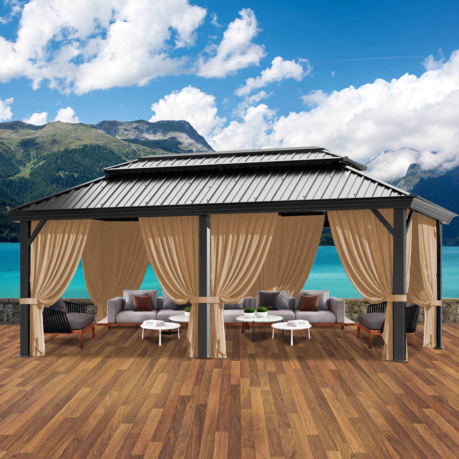 SANOPY 12x20 Hardtop Gazebo Aluminum Metal Gazebos Galvanized Steel Double Roof Permanent Hardtop Gazebo with Netting and Curtains Aluminum Frame Steel Gazebos for Deck, Lawns and Backyard, Brown