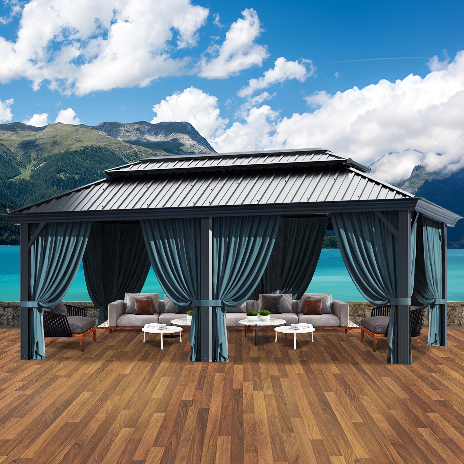 SANOPY 12x20 Hardtop Gazebo Aluminum Metal Gazebos Galvanized Steel Double Roof Permanent Hardtop Gazebo with Netting and Curtains Aluminum Frame Steel Gazebos for Deck, Lawns and Backyard, Black