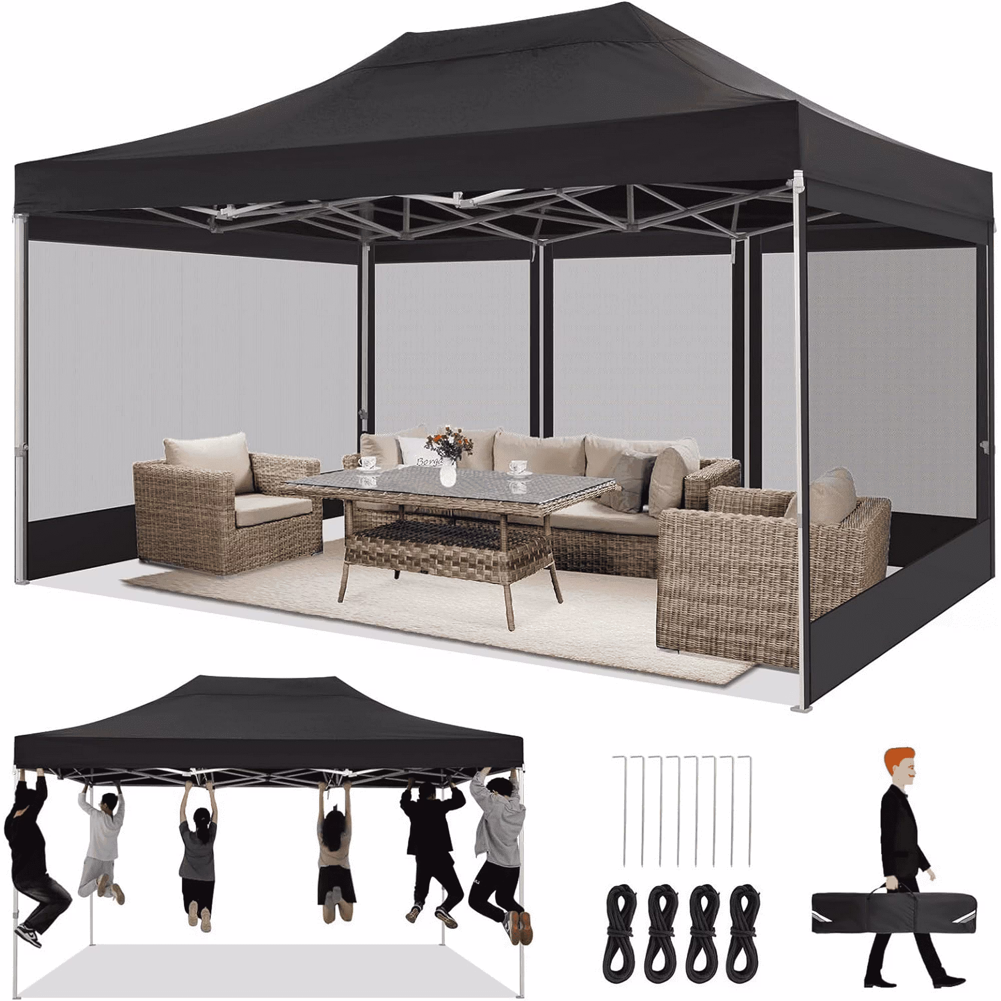 HOTEEL 10x15 Heavy Duty Canopy Tent, Pop up Gazebo with Netting Screened ,Waterproof Ez up Canopy with Sidewalls, Outdoor Instant Party Tent for Backyard, Khaki