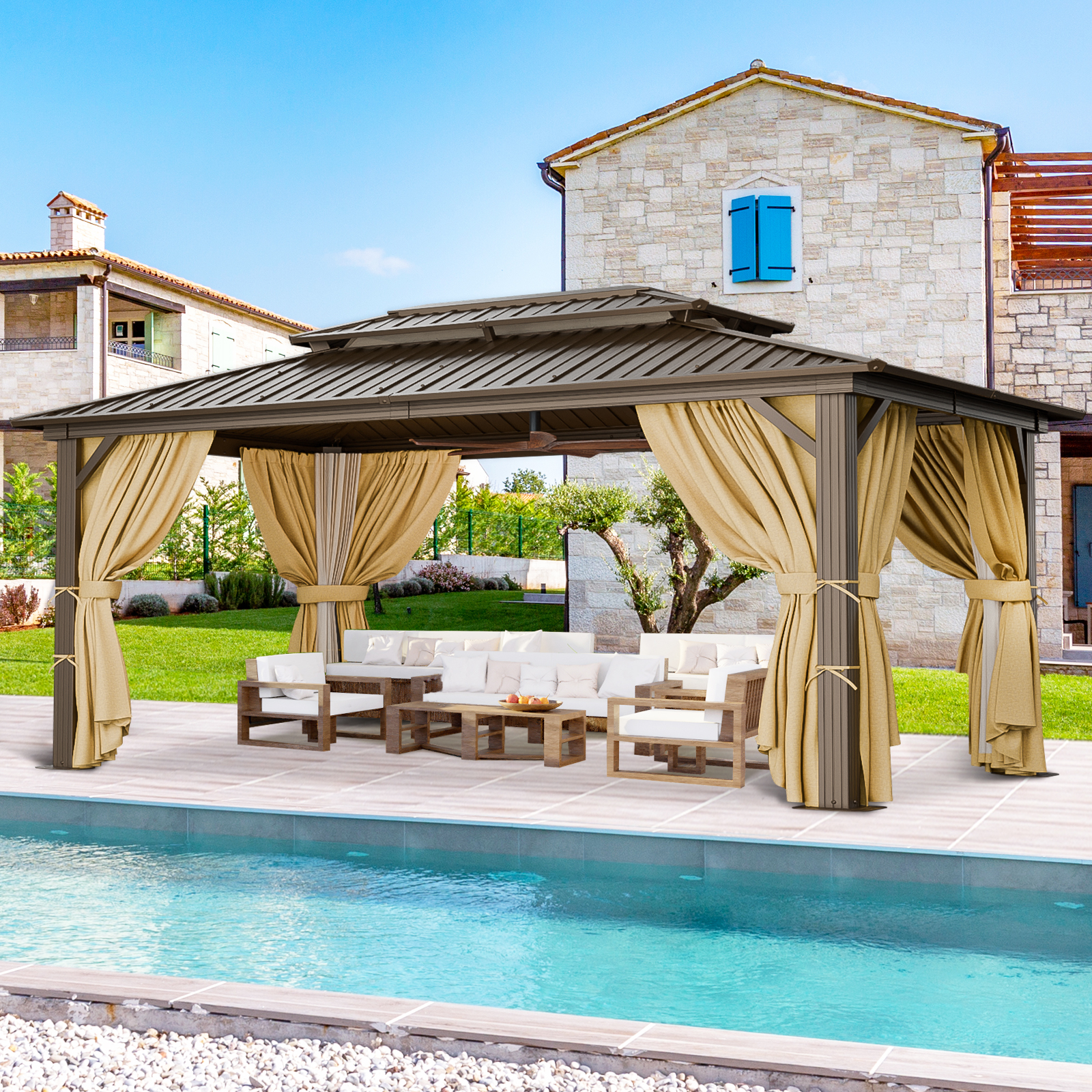 SANOPY 10x15 Hardtop Gazebo Aluminum Gazebos with Galvanized Steel Double Roof Metal Gazebo with Curtains and Netting Permanent Hardtop Gazebos Steel Gazebo for Backyard, Garden and Patio, Brown