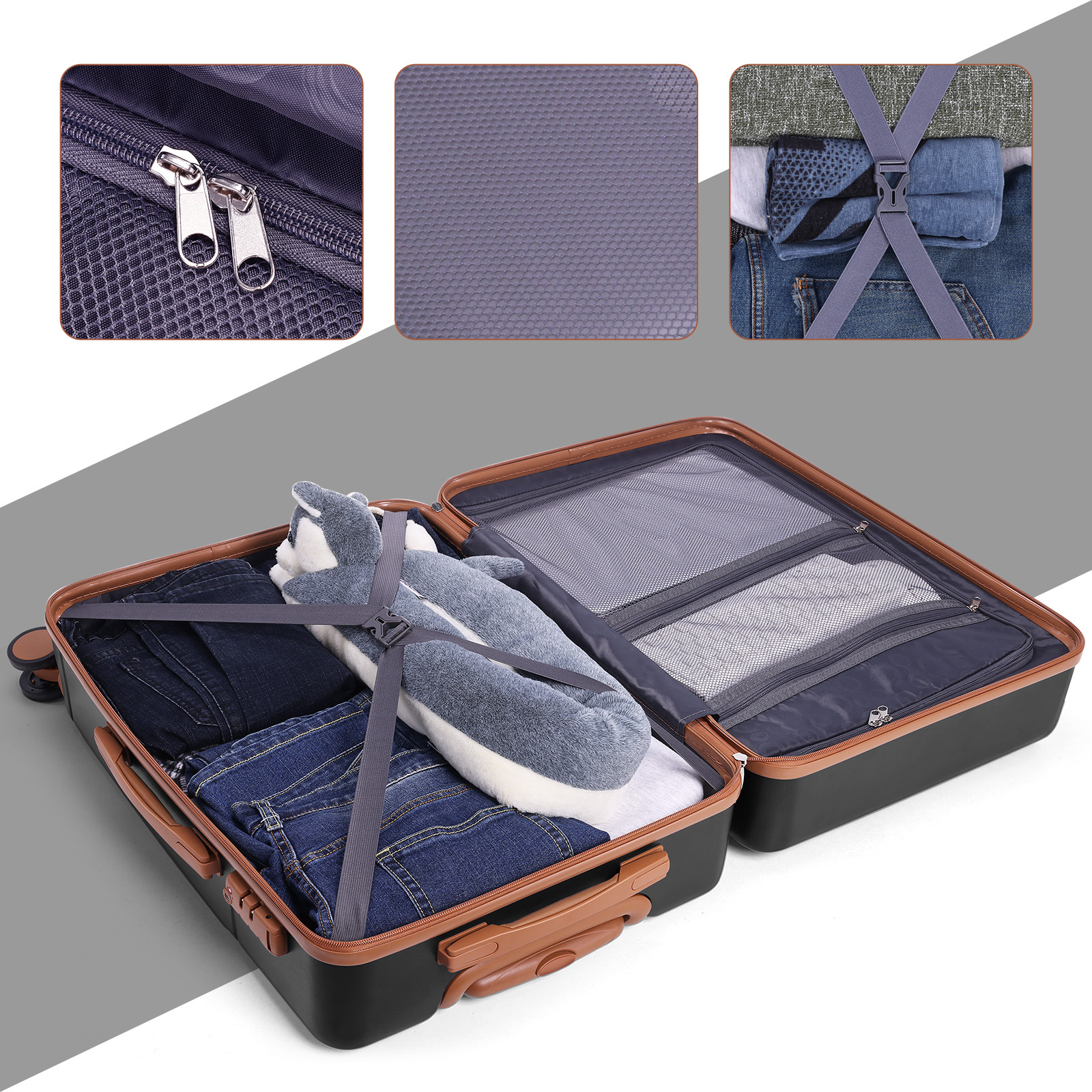 SANOPY 3 Piece Hardshell Luggage Set, ABS+PC Lightweight Suitcase Set with Double Spinner Wheels TSA Lock. (Black)