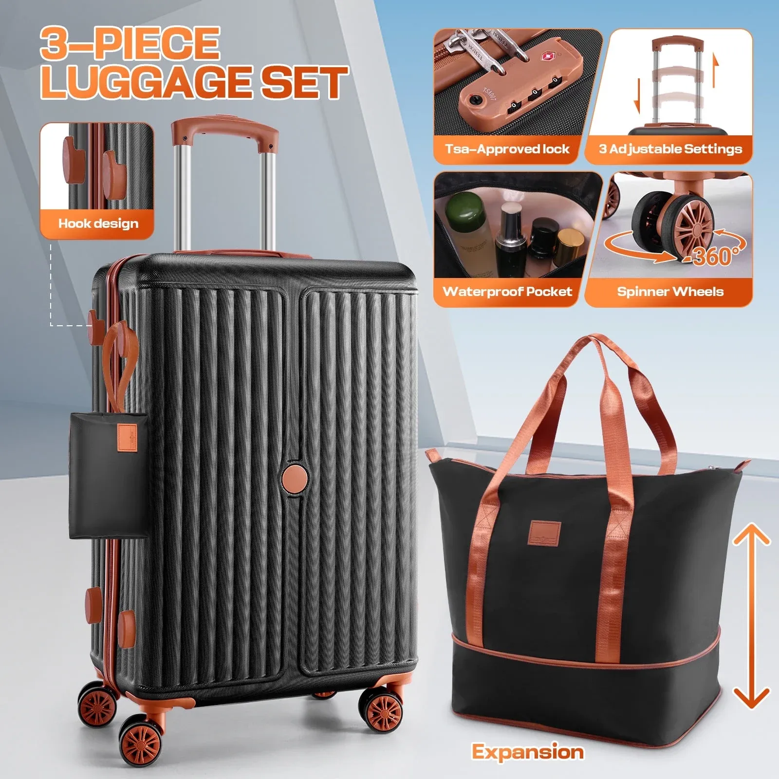 SANOPY 6-Piece Luggage Set with Cosmetic Bag & Duffle, 16” + 20” + 24” + 28” Durable ABS+PC, Smooth-Spinning Wheels & TSA Lock Included