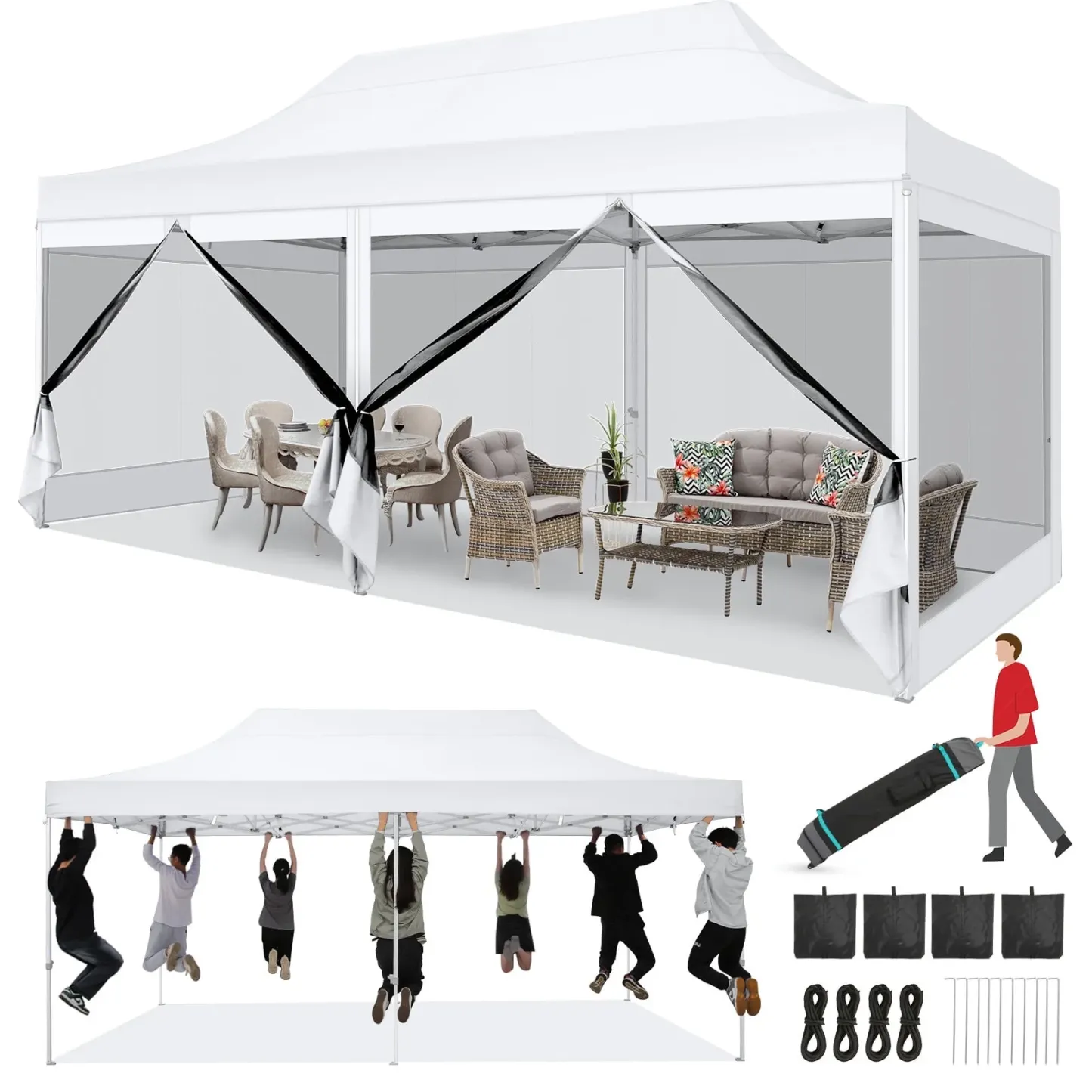 HOTEEL 10x15 Heavy Duty Canopy Tent, Pop up Gazebo with Netting Screened ,Waterproof Ez up Canopy with Sidewalls, Outdoor Instant Party Tent for Backyard, Khaki