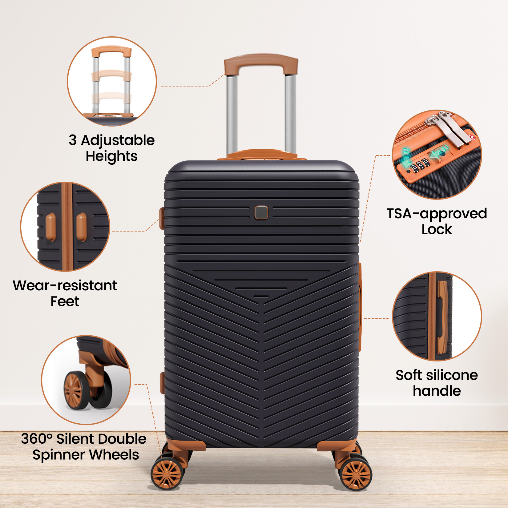 SANOPY 4 Pcs Luggage Set, ABS+PC(Sturdy) Hardshell Suitcases, TSA Locks, Silent Dual Spinner Wheels, Black