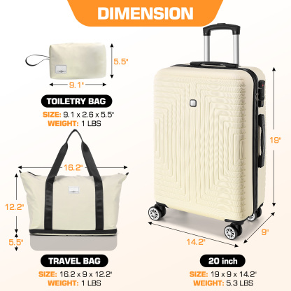 SANOPY 20" Carry-On Luggage Set, Hardside 3PCS Lightweight ABS+PC Suitcase Set with TSA Lock and Spinner Wheels, Beige