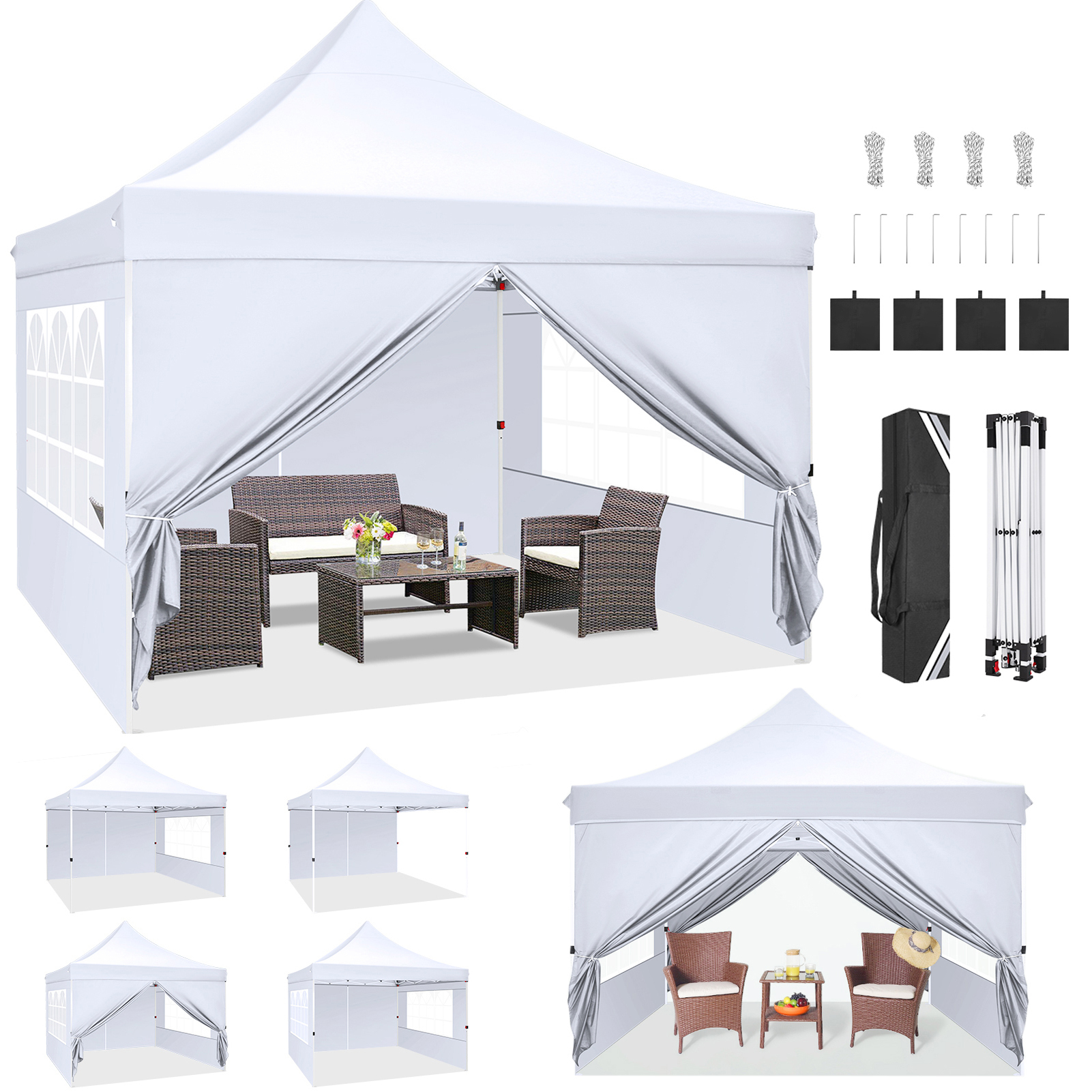 Hoteel 10x10 Pop Up Canopy Tent with 3 Sidewalls, Commercial Party Tent Ez Waterproof Outdoor Instant Gazebo UV 50+ Event Shelter, Garden Tents for Parties Camping with Sandbags & Cover Bag