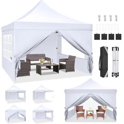 Hoteel 10x10 Pop Up Canopy Tent with 3 Sidewalls, Commercial Party Tent Ez Waterproof Outdoor Instant Gazebo UV 50+ Event Shelter, Garden Tents for Parties Camping with Sandbags & Cover Bag