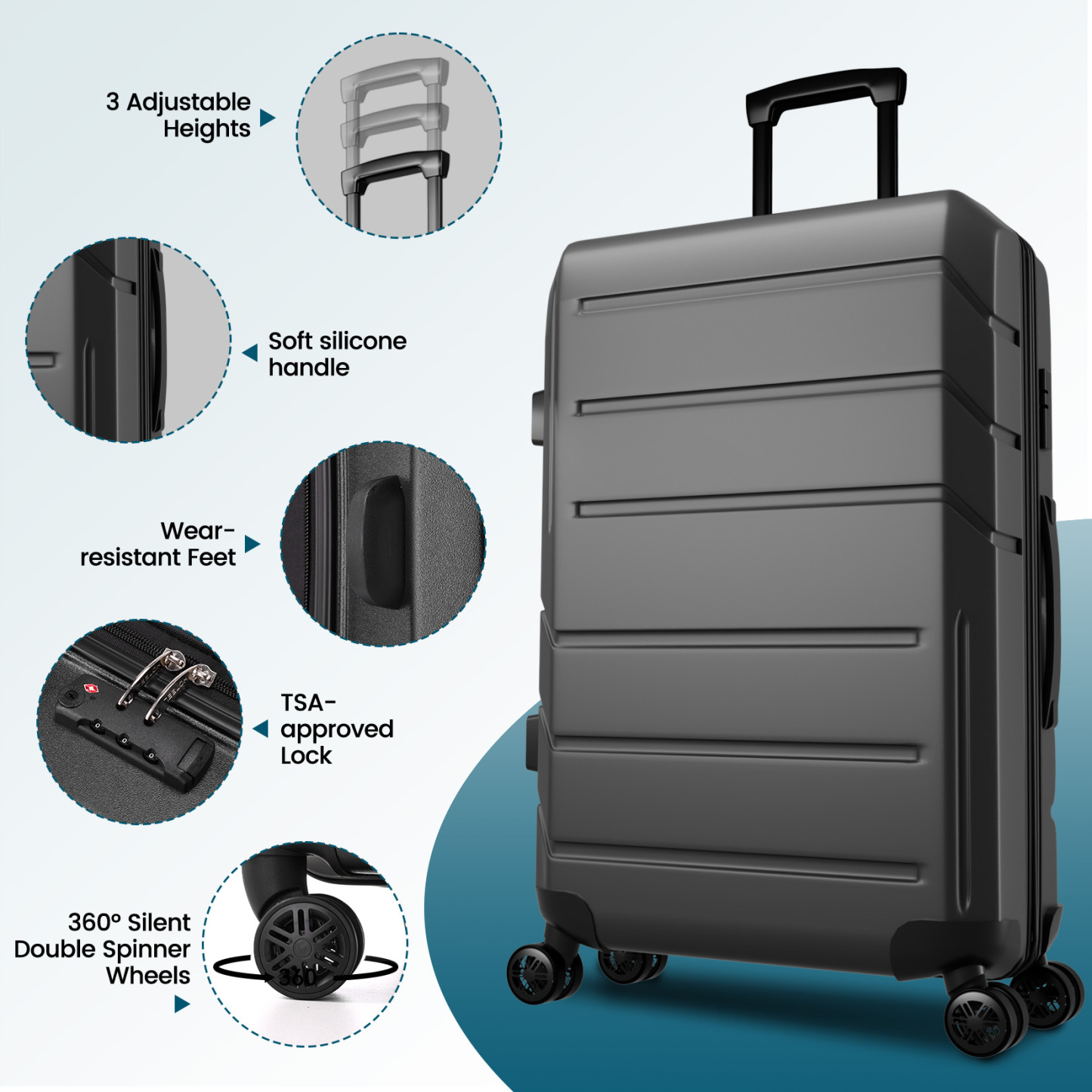 SANOPY 3-Piece Carry On Luggage Set, Hardside Suitcase Set with TSA Lock Spinner Wheels, Black