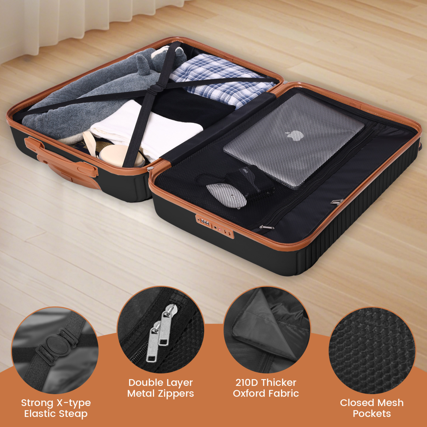 SANOPY 4 Pcs Luggage Set, ABS+PC(Sturdy) Hardshell Suitcases, TSA Locks, Silent Dual Spinner Wheels, Black