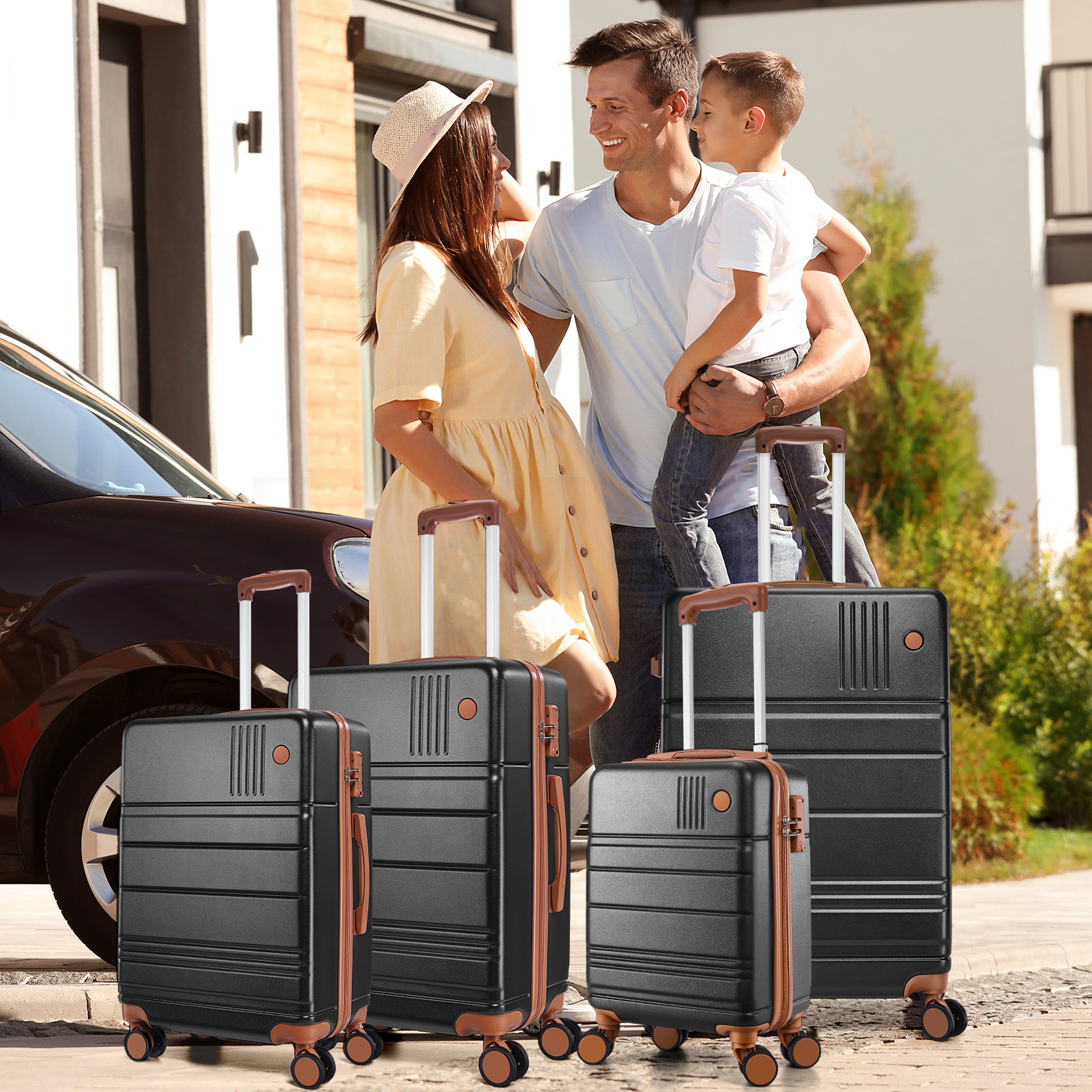SANOPY 3 Piece Hardshell Luggage Set, ABS+PC Lightweight Suitcase Set with Double Spinner Wheels TSA Lock. (Black)