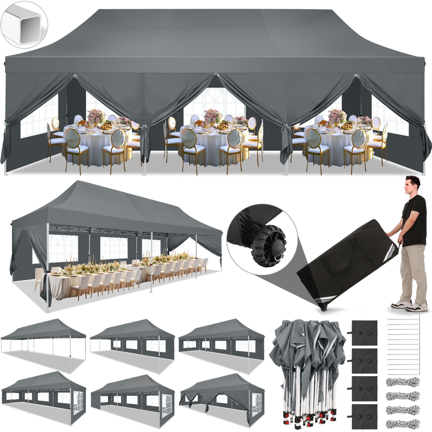 SANOPY 10' x 20' EZ Pop up Canopy Party Tent, Outdoor Event Instant Gazebo with 6 Removable Sidewalls for Camping Wedding Picnic, White