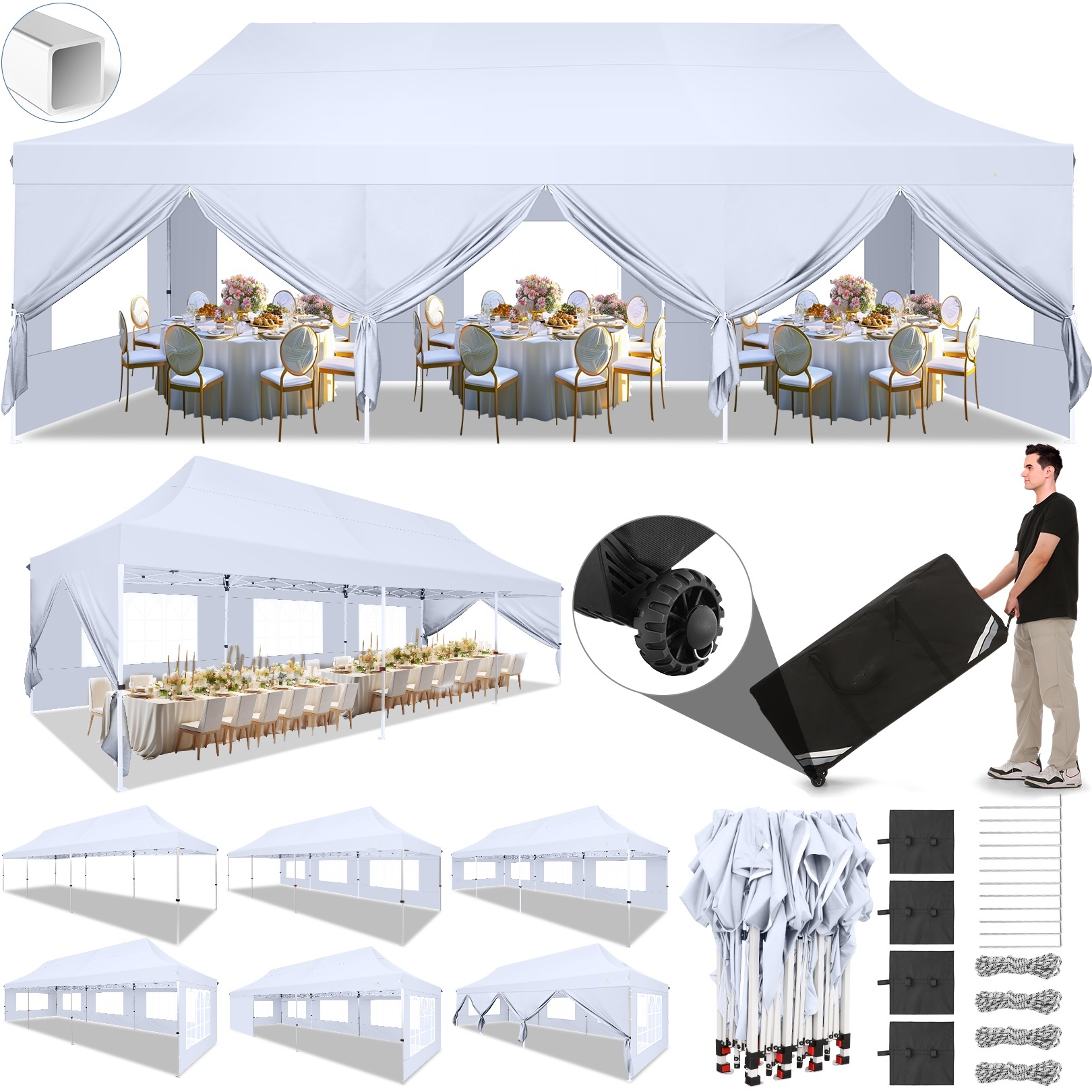 SANOPY 10' x 20' EZ Pop up Canopy Party Tent, Outdoor Event Instant Gazebo with 6 Removable Sidewalls for Camping Wedding Picnic, White