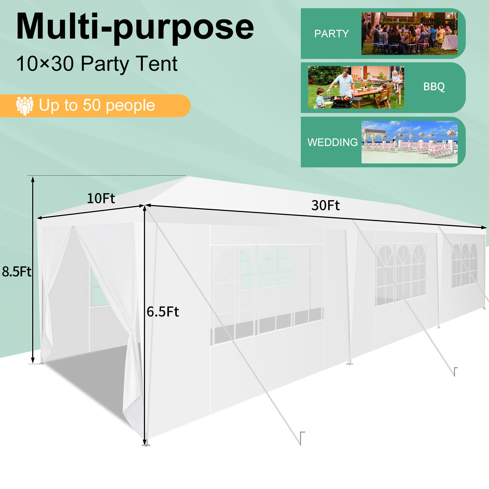 SANOPY 10x30 Party Wedding Canopy Tents for Parties with 8 Removable Sidewalls, Waterproof Outdoor Tent for Weddings and Events, White