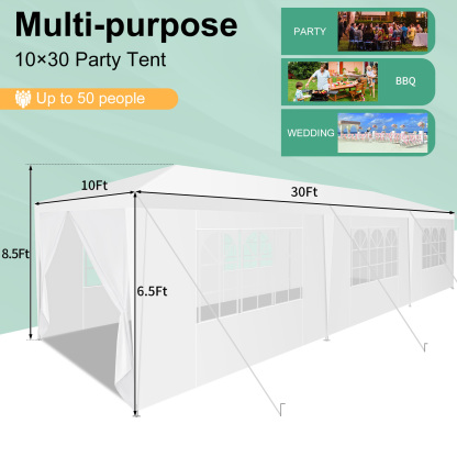 SANOPY 10x30 Party Wedding Canopy Tents for Parties with 8 Removable Sidewalls, Waterproof Outdoor Tent for Weddings and Events, White