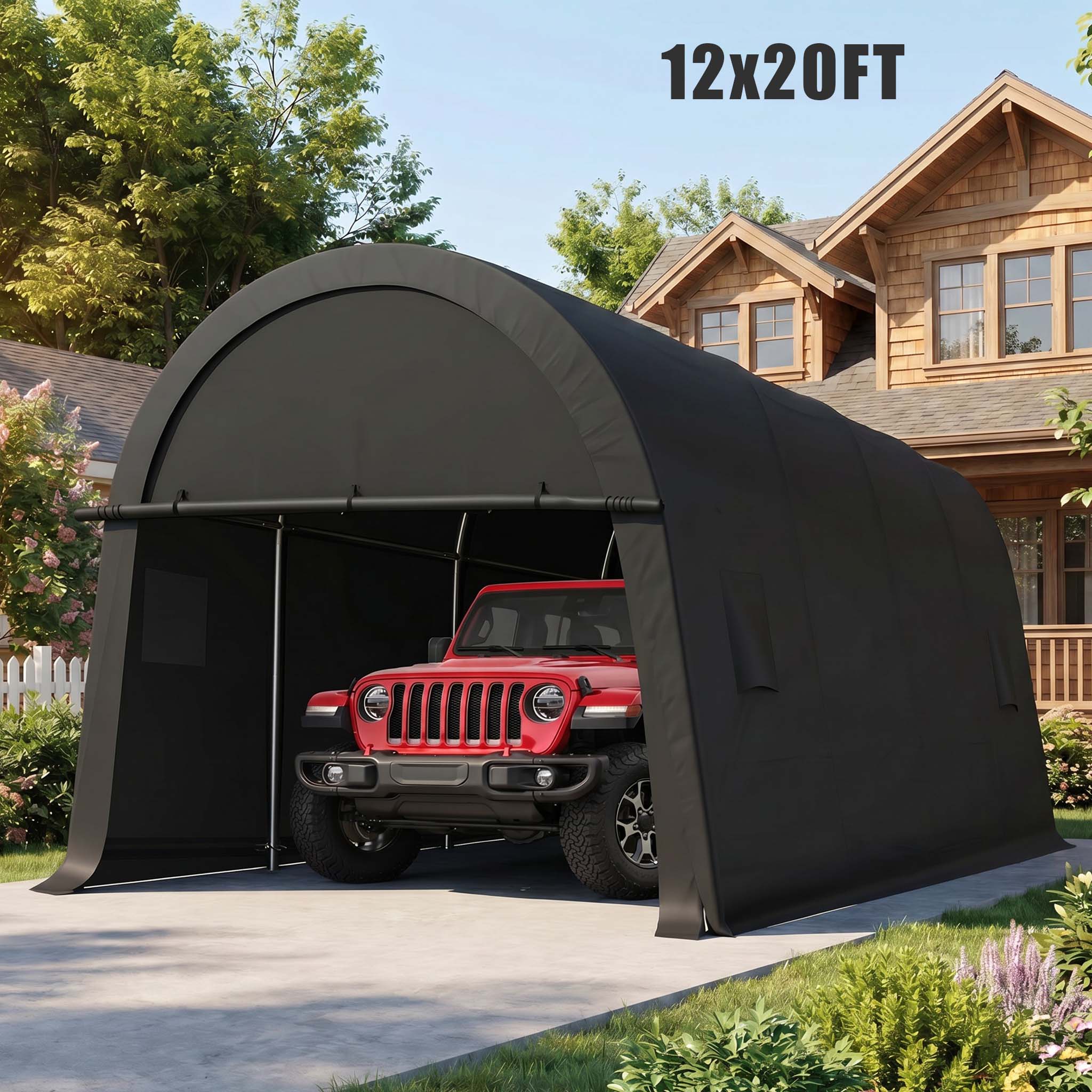 HOTEEL Carport Heavy Duty, Portable Garage Carport Canopy with All-Steel Metal Frame & Vents, Round Style Outdoor Storage Shed for Car, Truck, Boat, Patio Furniture Anti-Snow Waterproof