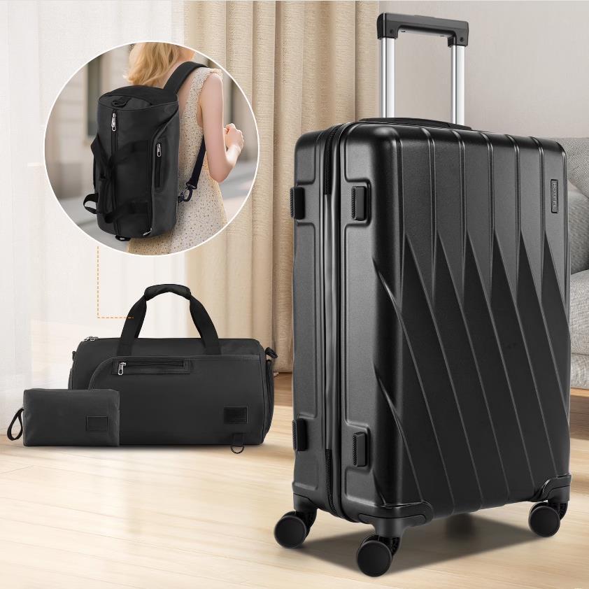 HOTEEL 3 Piece Carry on Luggage Set 20in Suitcase with Spinner Wheels TSA Lock, PC ABS Hardside Luggage Set with Toiletry Bag & Travel Gym Bag, Black