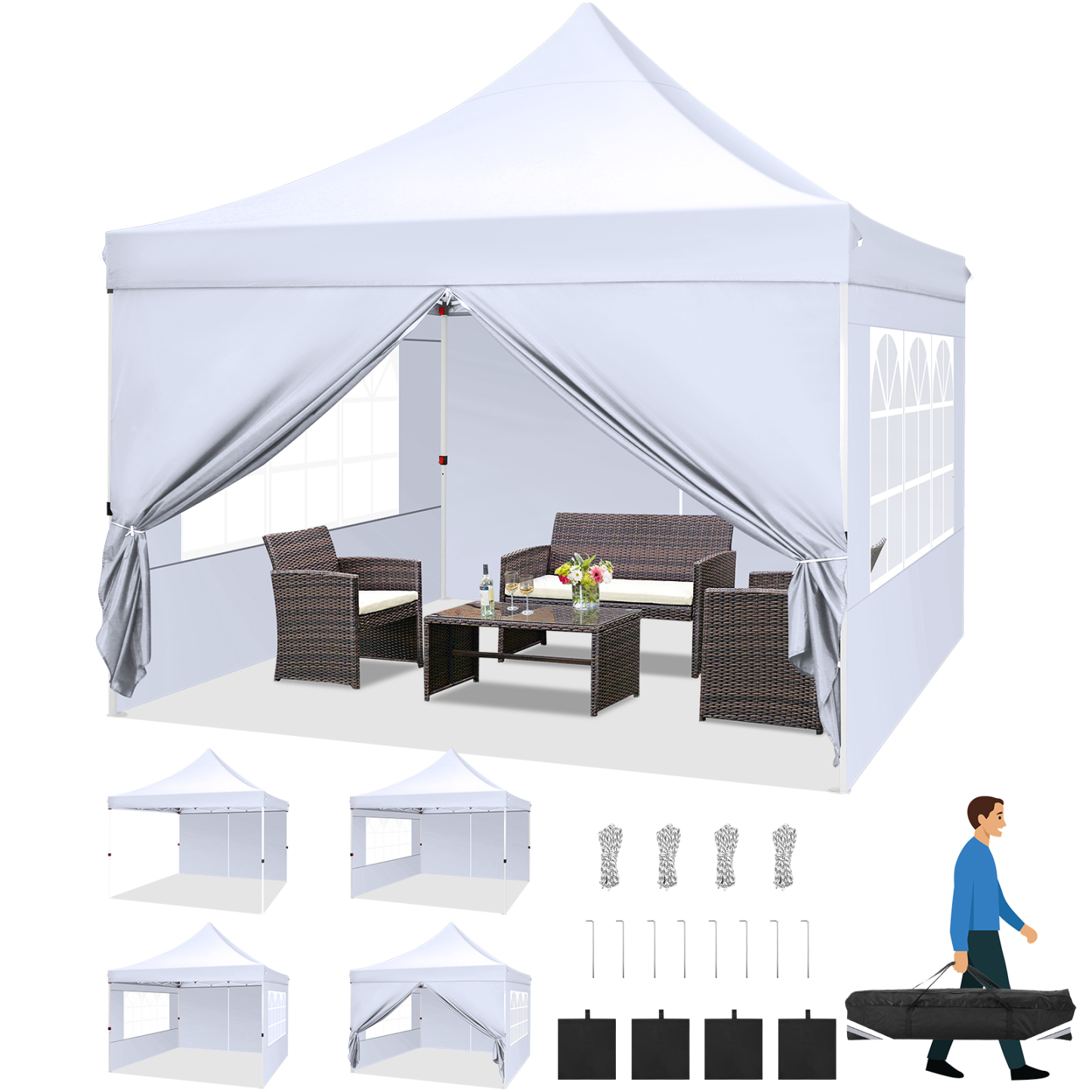 SANOPY 10' x 20' EZ Pop up Canopy Party Tent, Outdoor Event Instant Gazebo with 6 Removable Sidewalls for Camping Wedding Picnic, White