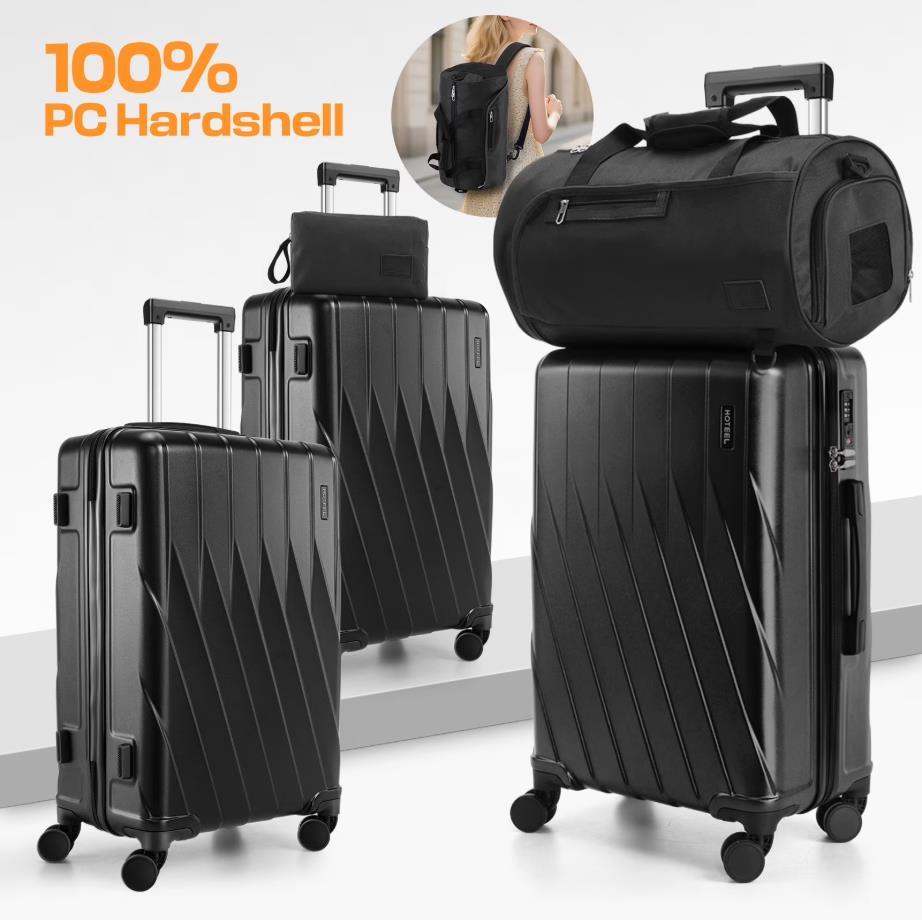 HOTEEL 3 Piece Carry on Luggage Set 20in Suitcase with Spinner Wheels TSA Lock, PC ABS Hardside Luggage Set with Toiletry Bag & Travel Gym Bag, Black