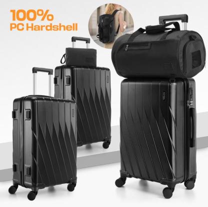 HOTEEL 3 Piece Carry on Luggage Set 20in Suitcase with Spinner Wheels TSA Lock, PC ABS Hardside Luggage Set with Toiletry Bag & Travel Gym Bag, Black