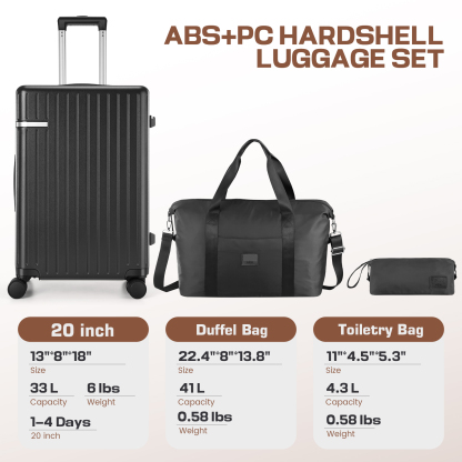 SANOPY 20" Luggage Set, Hardside 3PCS Suitcase Set with TSA Lock and Spinner Wheels, Black