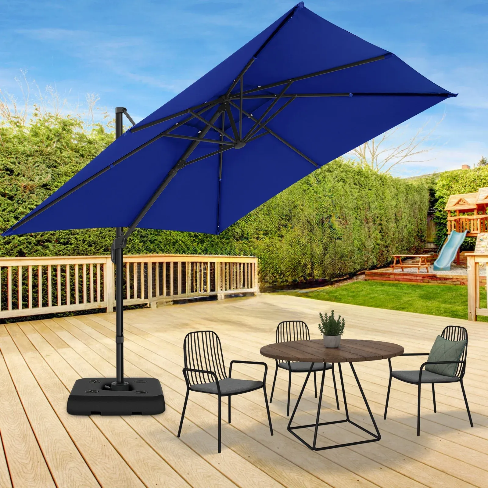 SANOPY 10x10 Cantilever Patio Umbrella Outdoor Patio Umbrella, 360 Degree Rotation Market Patio Umbrella with Steel Base, Crank, Tilt Button, Dark Blue