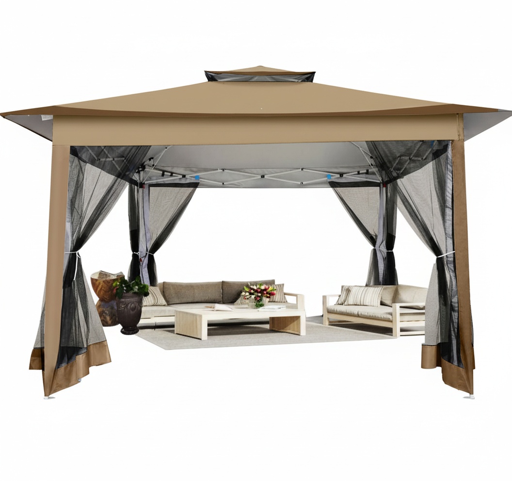 HOTEEL Outdoor Pop-up Gazebo Canopy with Mosquito Netting 2-Tiered Vented Top 3 Adjustable Height for Backyard, Garden, Lawn, Khaki
