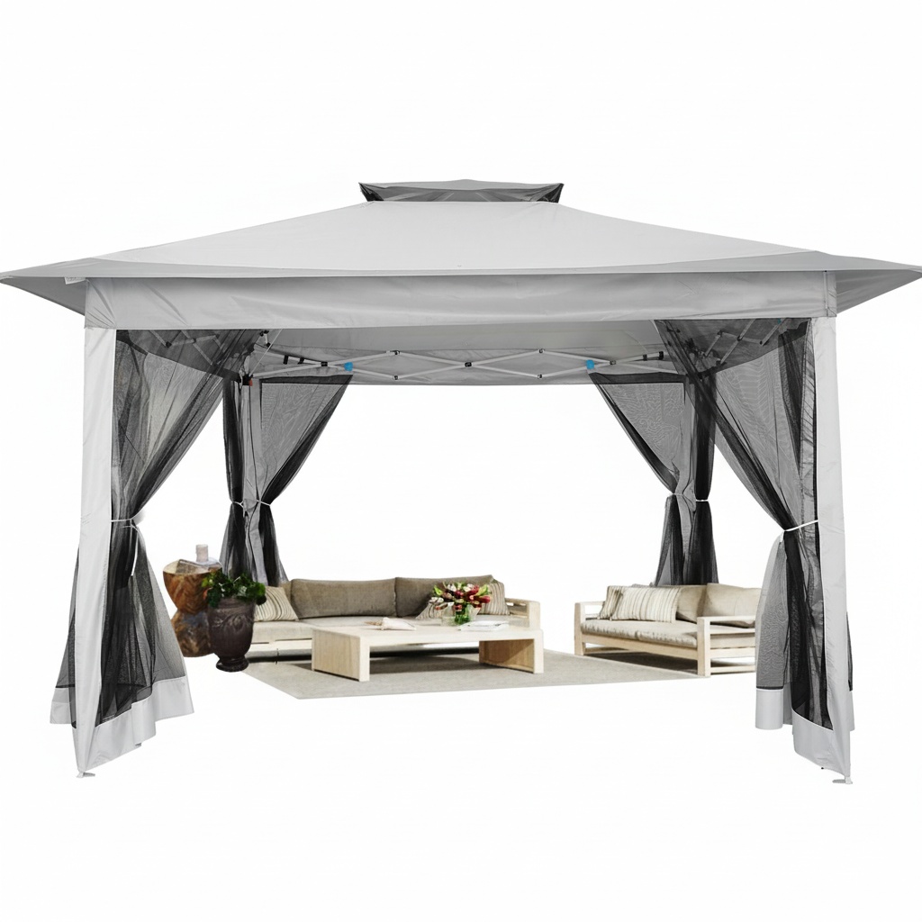 HOTEEL Outdoor Pop-up Gazebo Canopy with Mosquito Netting 2-Tiered Vented Top 3 Adjustable Height for Backyard, Garden, Lawn, Khaki