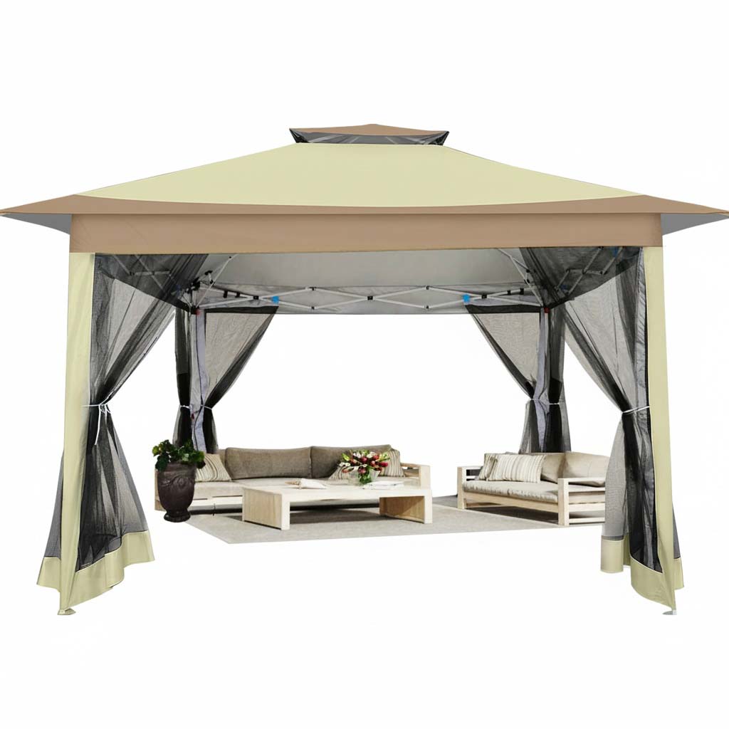 HOTEEL Outdoor Pop-up Gazebo Canopy with Mosquito Netting 2-Tiered Vented Top 3 Adjustable Height for Backyard, Garden, Lawn, Khaki