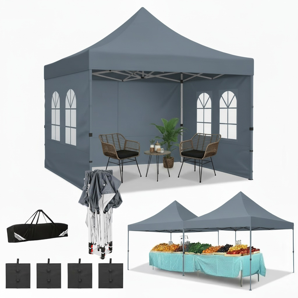Hoteel 10x10 Pop Up Canopy Tent with 3 Sidewalls, Commercial Party Tent Ez Waterproof Outdoor Instant Gazebo UV 50+ Event Shelter, Garden Tents for Parties Camping with Sandbags & Cover Bag