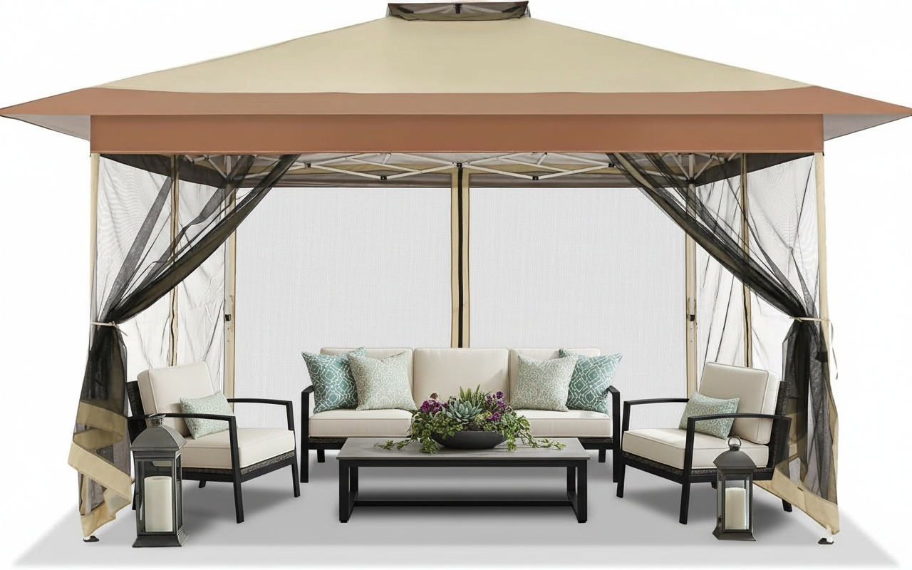 HOTEEL Outdoor Pop-up Gazebo Canopy with Mosquito Netting 2-Tiered Vented Top 3 Adjustable Height for Backyard, Garden, Lawn, Khaki