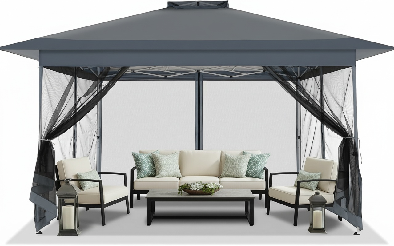 HOTEEL Outdoor Pop-up Gazebo Canopy with Mosquito Netting 2-Tiered Vented Top 3 Adjustable Height for Backyard, Garden, Lawn, Khaki
