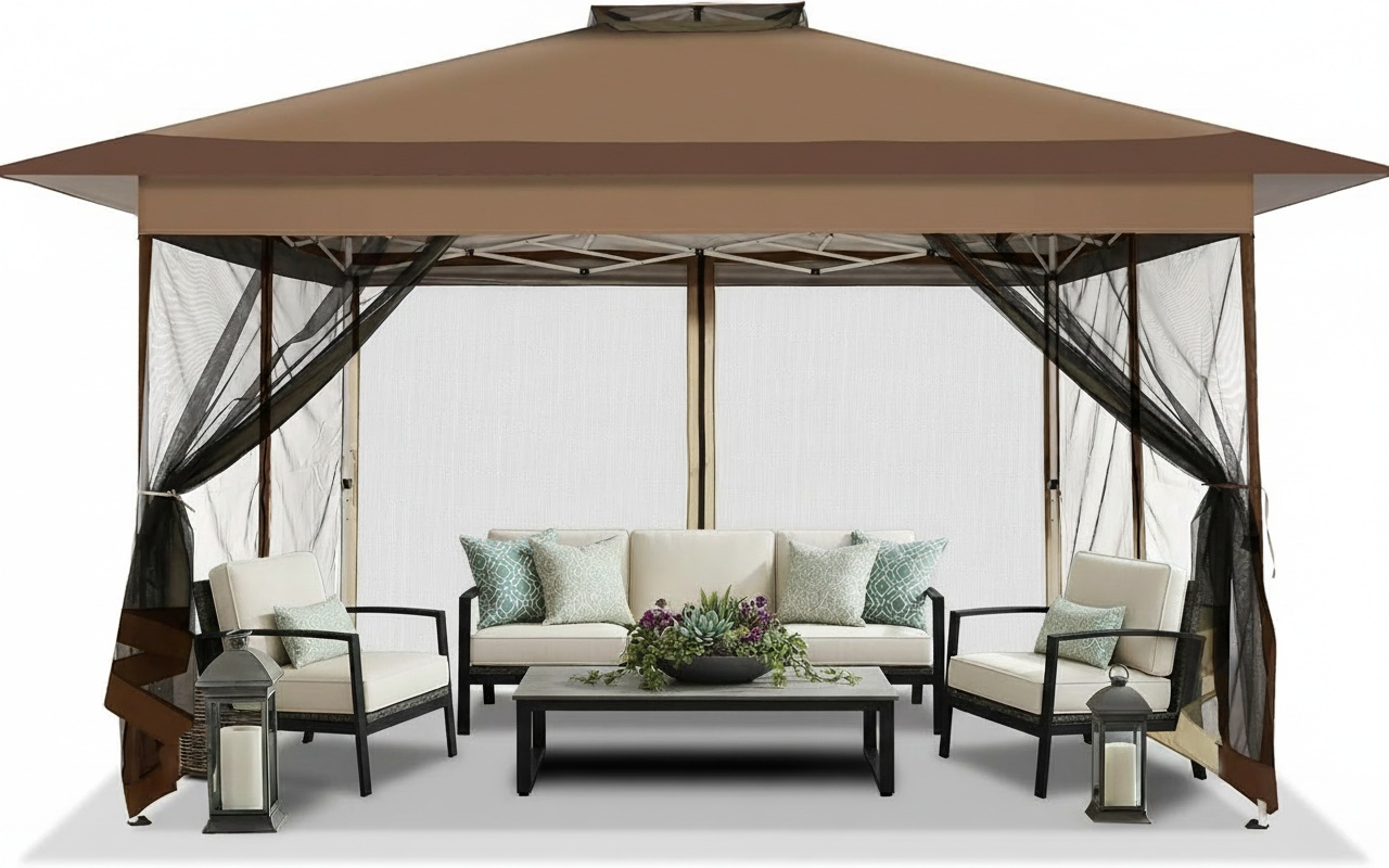 HOTEEL Outdoor Pop-up Gazebo Canopy with Mosquito Netting 2-Tiered Vented Top 3 Adjustable Height for Backyard, Garden, Lawn, Khaki