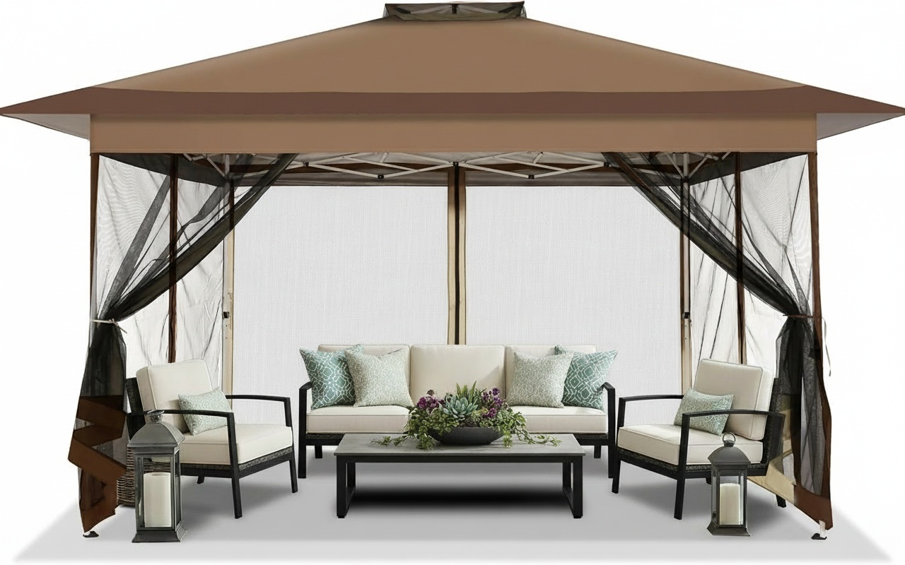 HOTEEL Outdoor Pop-up Gazebo Canopy with Mosquito Netting 2-Tiered Vented Top 3 Adjustable Height for Backyard, Garden, Lawn, Khaki