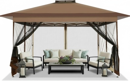 HOTEEL Outdoor Pop-up Gazebo Canopy with Mosquito Netting 2-Tiered Vented Top 3 Adjustable Height for Backyard, Garden, Lawn, Khaki