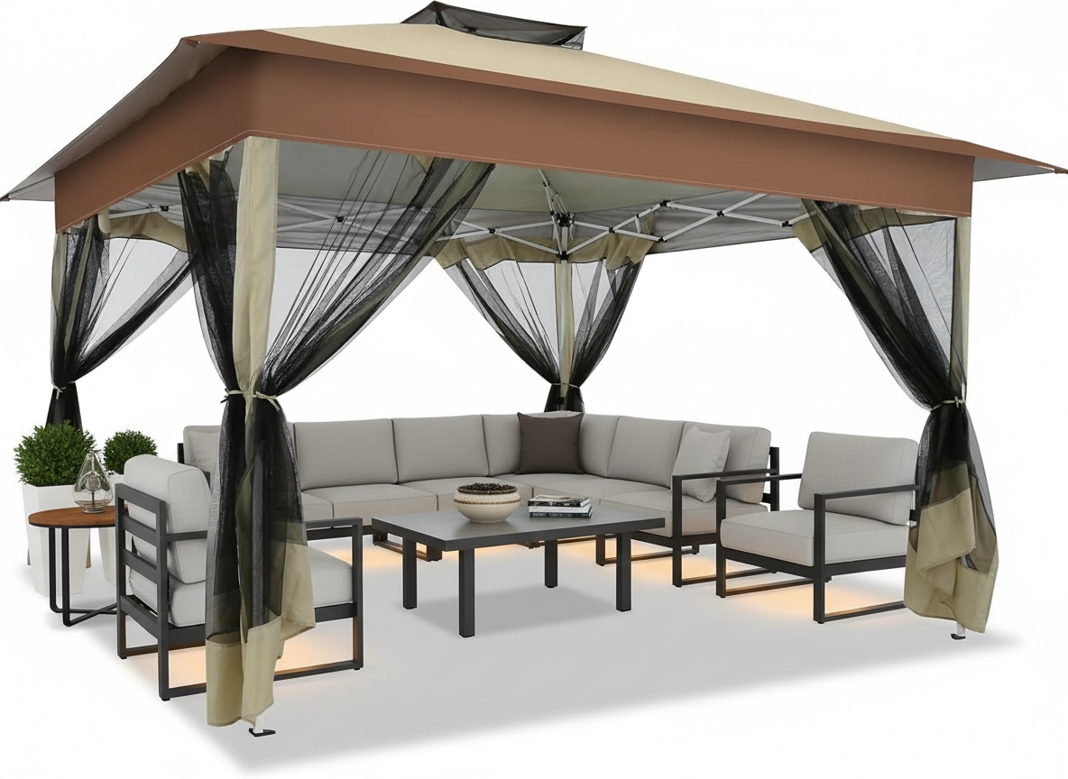 HOTEEL Outdoor Pop-up Gazebo Canopy with Mosquito Netting 2-Tiered Vented Top 3 Adjustable Height for Backyard, Garden, Lawn, Khaki