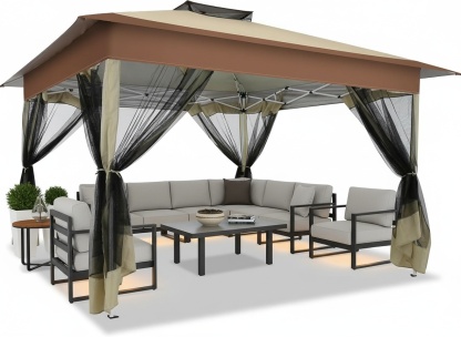 HOTEEL Outdoor Pop-up Gazebo Canopy with Mosquito Netting 2-Tiered Vented Top 3 Adjustable Height for Backyard, Garden, Lawn, Khaki