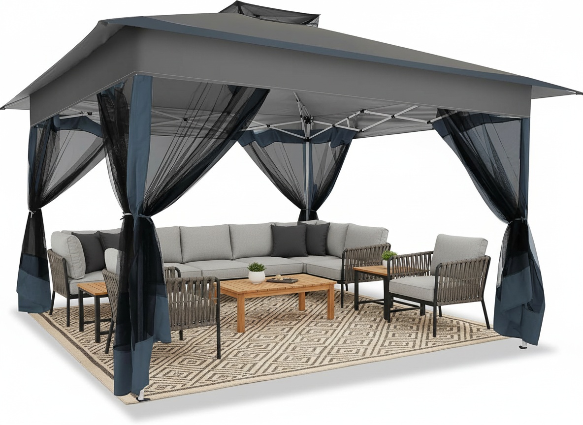 HOTEEL Outdoor Pop-up Gazebo Canopy with Mosquito Netting 2-Tiered Vented Top 3 Adjustable Height for Backyard, Garden, Lawn, Khaki