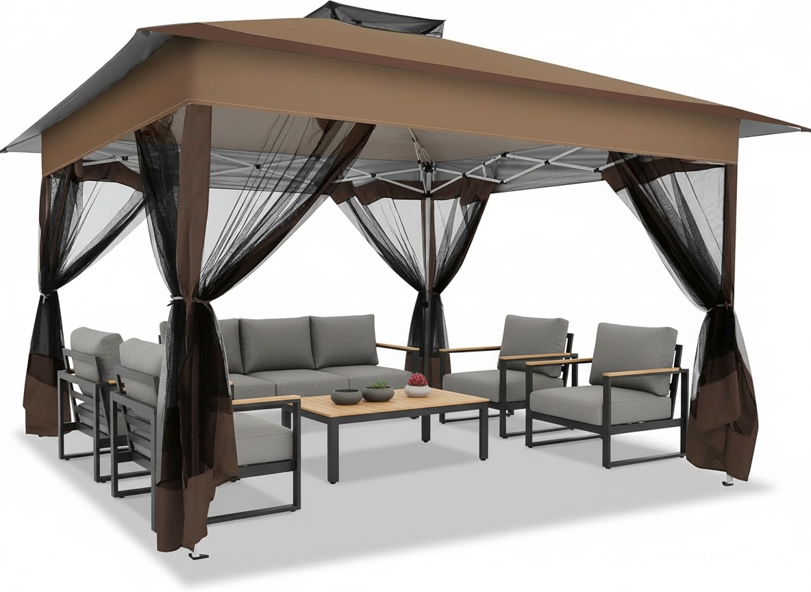 HOTEEL Outdoor Pop-up Gazebo Canopy with Mosquito Netting 2-Tiered Vented Top 3 Adjustable Height for Backyard, Garden, Lawn, Khaki