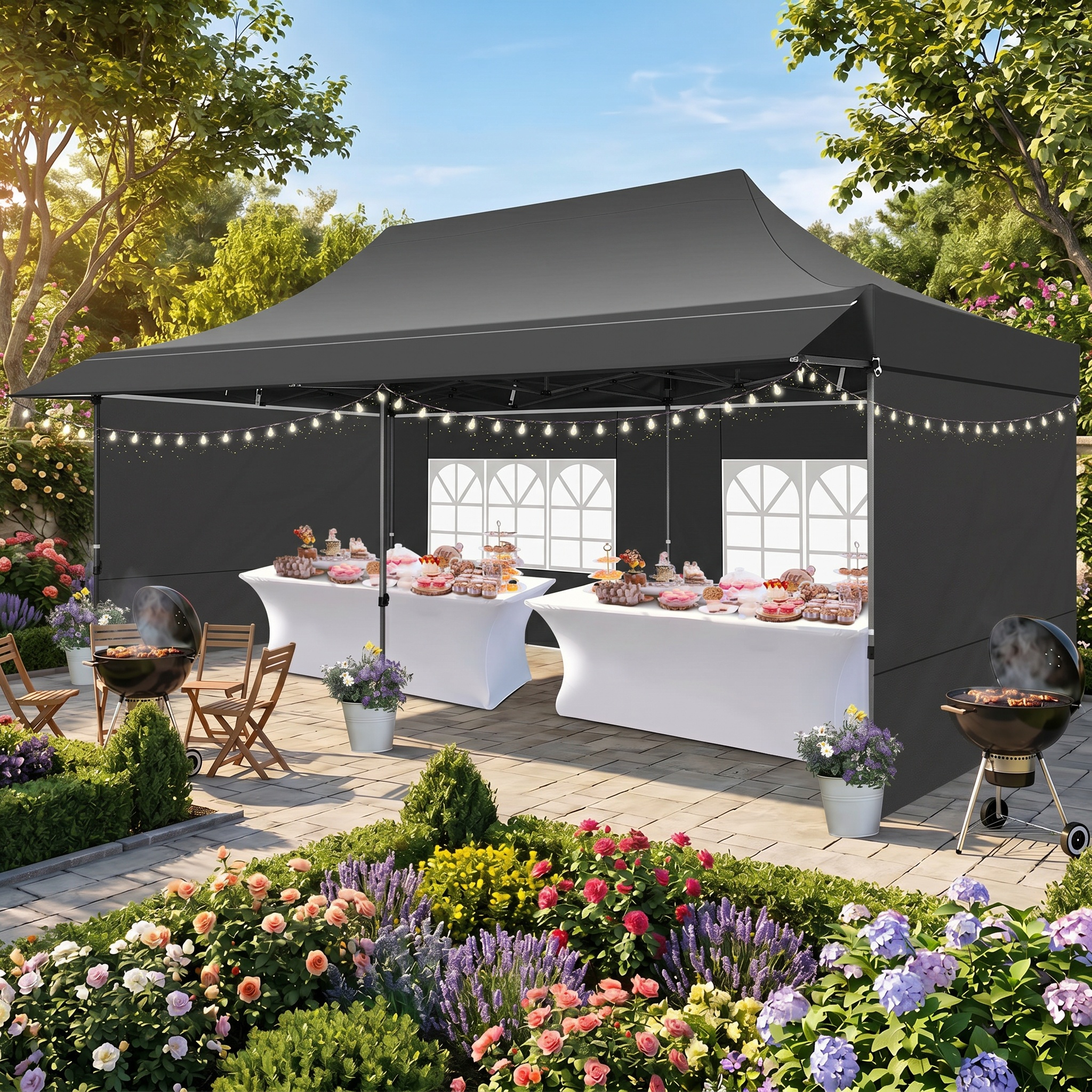 HOTEEL 10x10 ft Canopy with Extended Awning, Heavy Duty EZ Pop up Folding Canopy Tent with Roller Bag, Rainproof&Sunproof Awning Gazebo Shelter for Party Events, Market, Vendor
