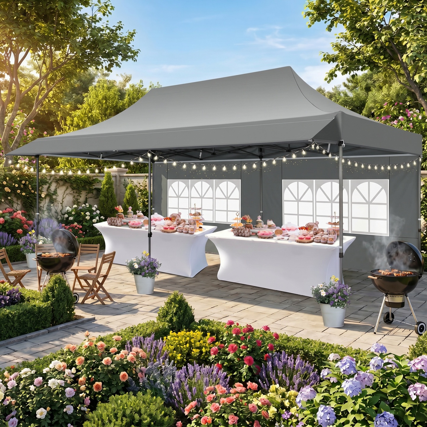 HOTEEL 10x10 ft Canopy with Extended Awning, Heavy Duty EZ Pop up Folding Canopy Tent with Roller Bag, Rainproof&Sunproof Awning Gazebo Shelter for Party Events, Market, Vendor