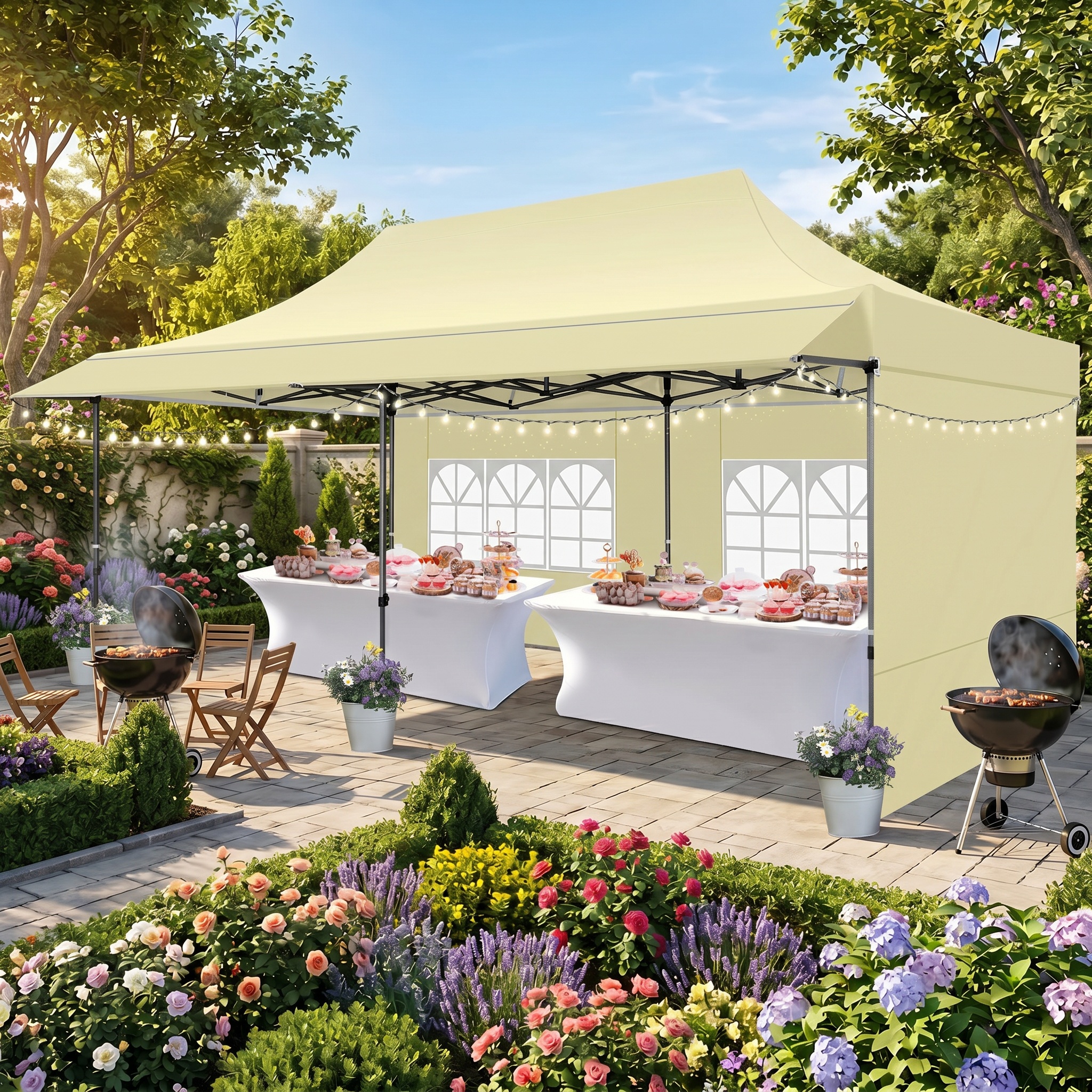 HOTEEL 10x10 ft Canopy with Extended Awning, Heavy Duty EZ Pop up Folding Canopy Tent with Roller Bag, Rainproof&Sunproof Awning Gazebo Shelter for Party Events, Market, Vendor