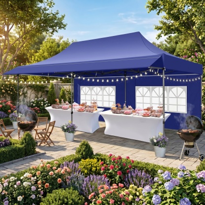 HOTEEL 10x10 ft Canopy with Extended Awning, Heavy Duty EZ Pop up Folding Canopy Tent with Roller Bag, Rainproof&Sunproof Awning Gazebo Shelter for Party Events, Market, Vendor