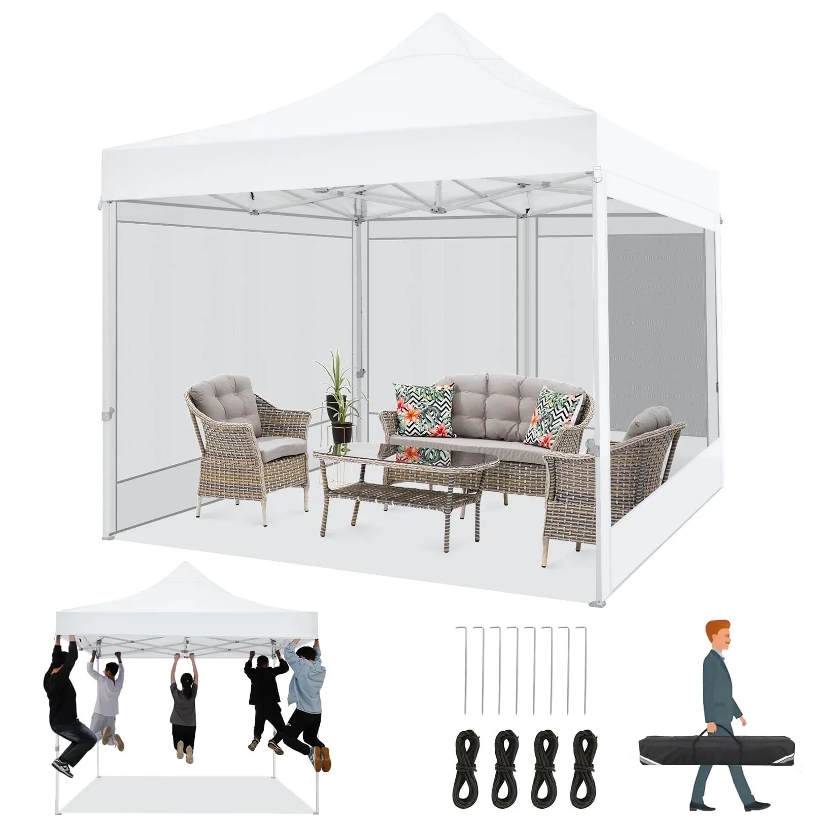 HOTEEL 10x15 Heavy Duty Canopy Tent, Pop up Gazebo with Netting Screened ,Waterproof Ez up Canopy with Sidewalls, Outdoor Instant Party Tent for Backyard, Khaki