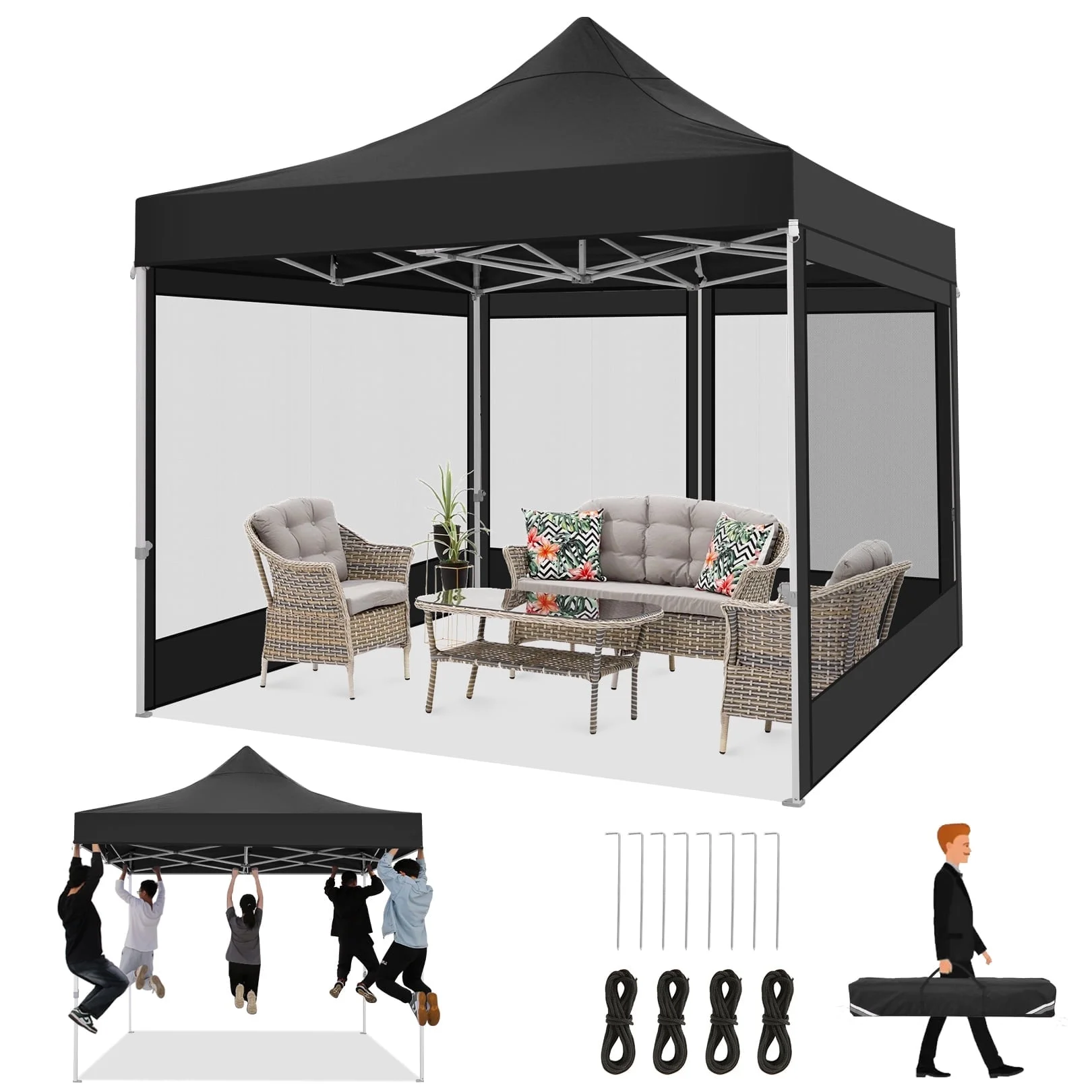 HOTEEL 10x15 Heavy Duty Canopy Tent, Pop up Gazebo with Netting Screened ,Waterproof Ez up Canopy with Sidewalls, Outdoor Instant Party Tent for Backyard, Khaki