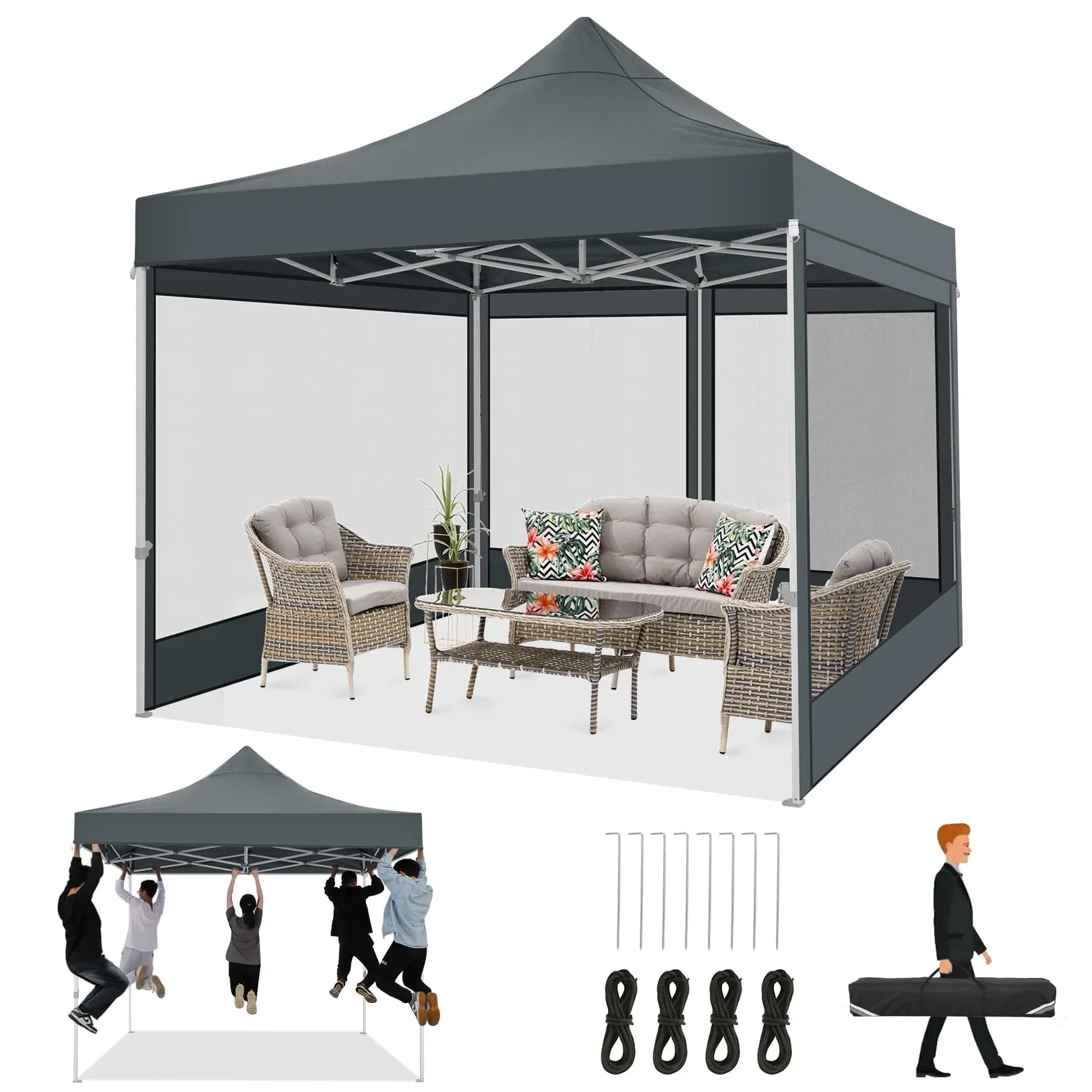 HOTEEL 10x15 Heavy Duty Canopy Tent, Pop up Gazebo with Netting Screened ,Waterproof Ez up Canopy with Sidewalls, Outdoor Instant Party Tent for Backyard, Khaki