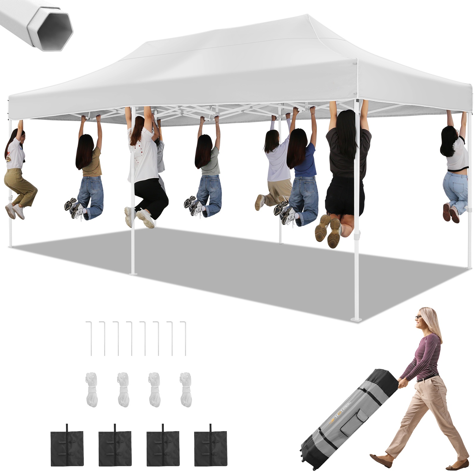 SANOPY 10' x 15' Heavy Duty Pop up Canopy, Instant Commercial Tent for Party with White Upgraded Hexagonal Bracket, Portable Gazebo with 4 Sangbags, Roller Bag, White