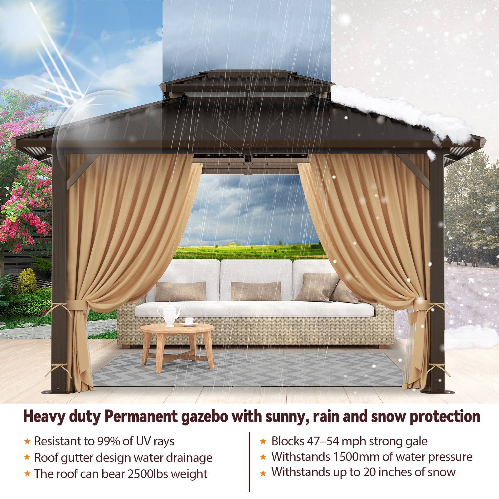 SANOPY 10x12 Hardtop Gazebo Aluminum Gazebos with Galvanized Steel Double Roof Metal Gazebo with Curtains and Netting Permanent Steel Gazebo for Backyard, Garden and Patio, Brown