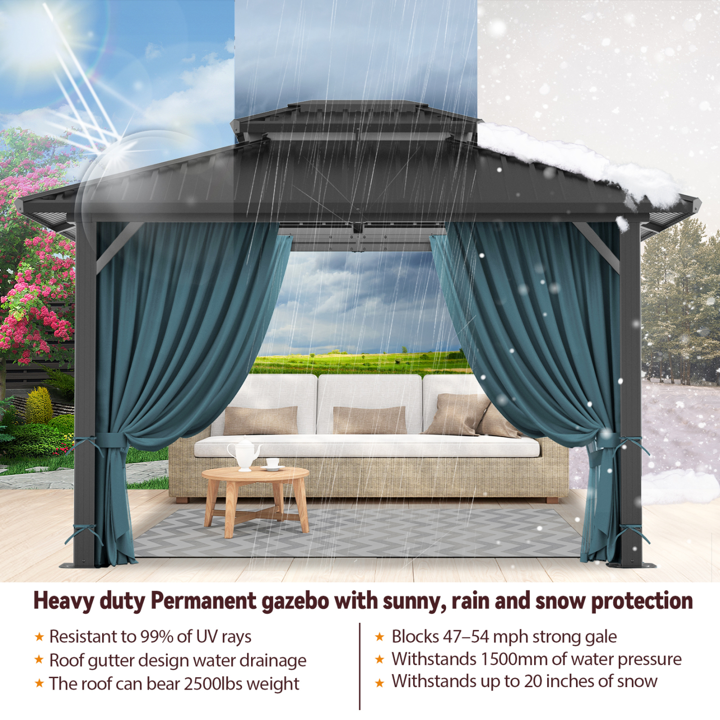 SANOPY 10x12 Hardtop Gazebo Aluminum Gazebos with Galvanized Steel Double Roof Metal Gazebo with Curtains and Netting Permanent Steel Gazebo for Backyard, Garden and Patio, Black