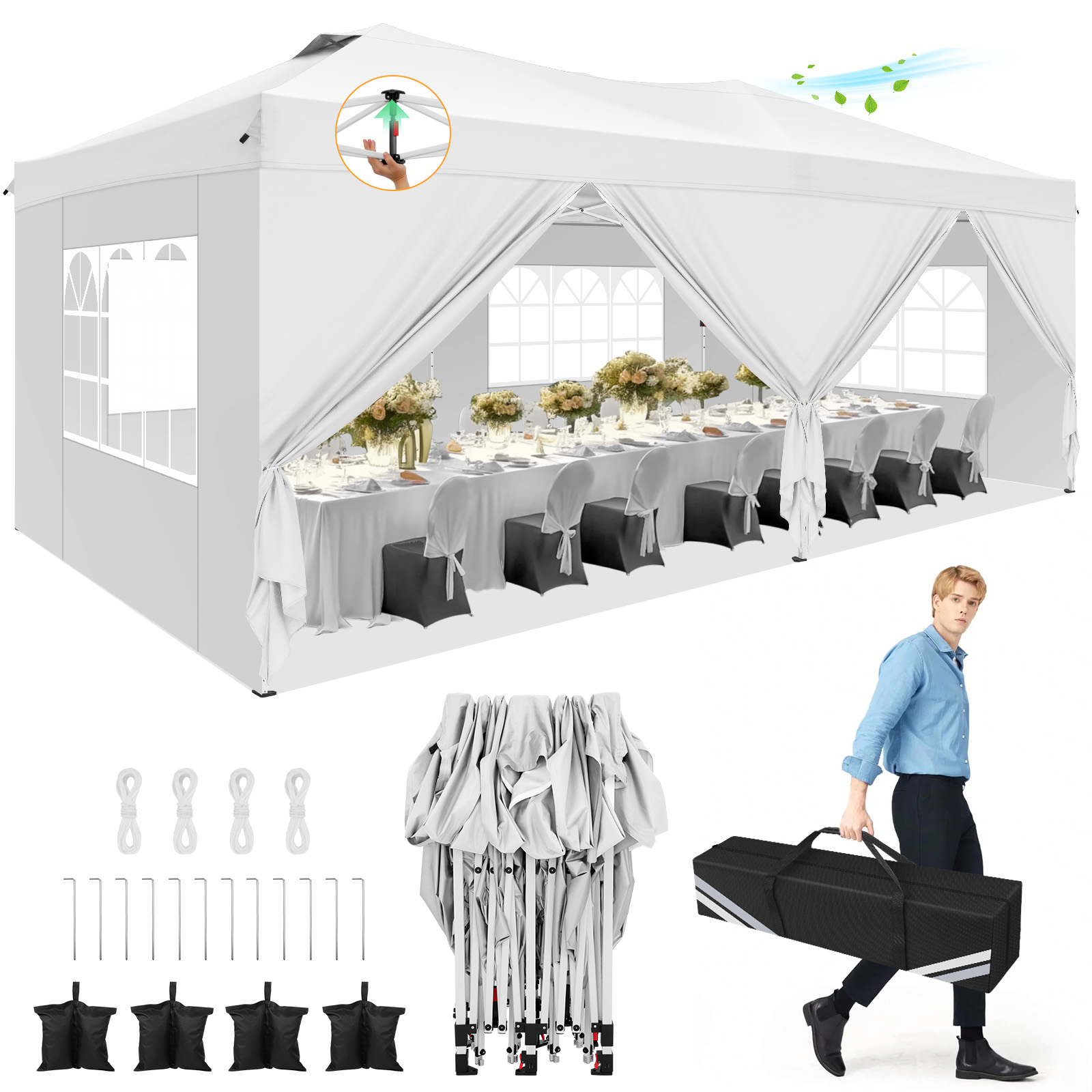 HOTEEL 10x20 Pop up Canopy Tent, Waterproof Commercial Tent with 6 Removable Sidewalls, Outdoor Sun Shelter Gazebo for Parties, Wedding, Camping, Courtyard